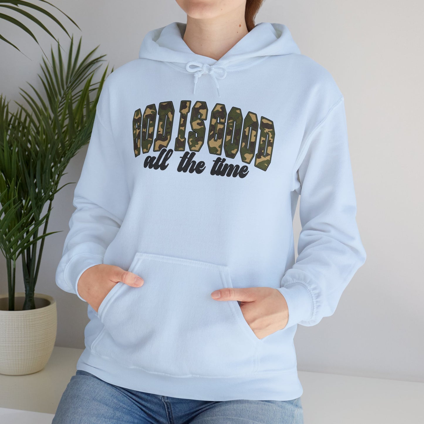 God is Good Faith Based Hooded Sweatshirt (Camo Lettering)