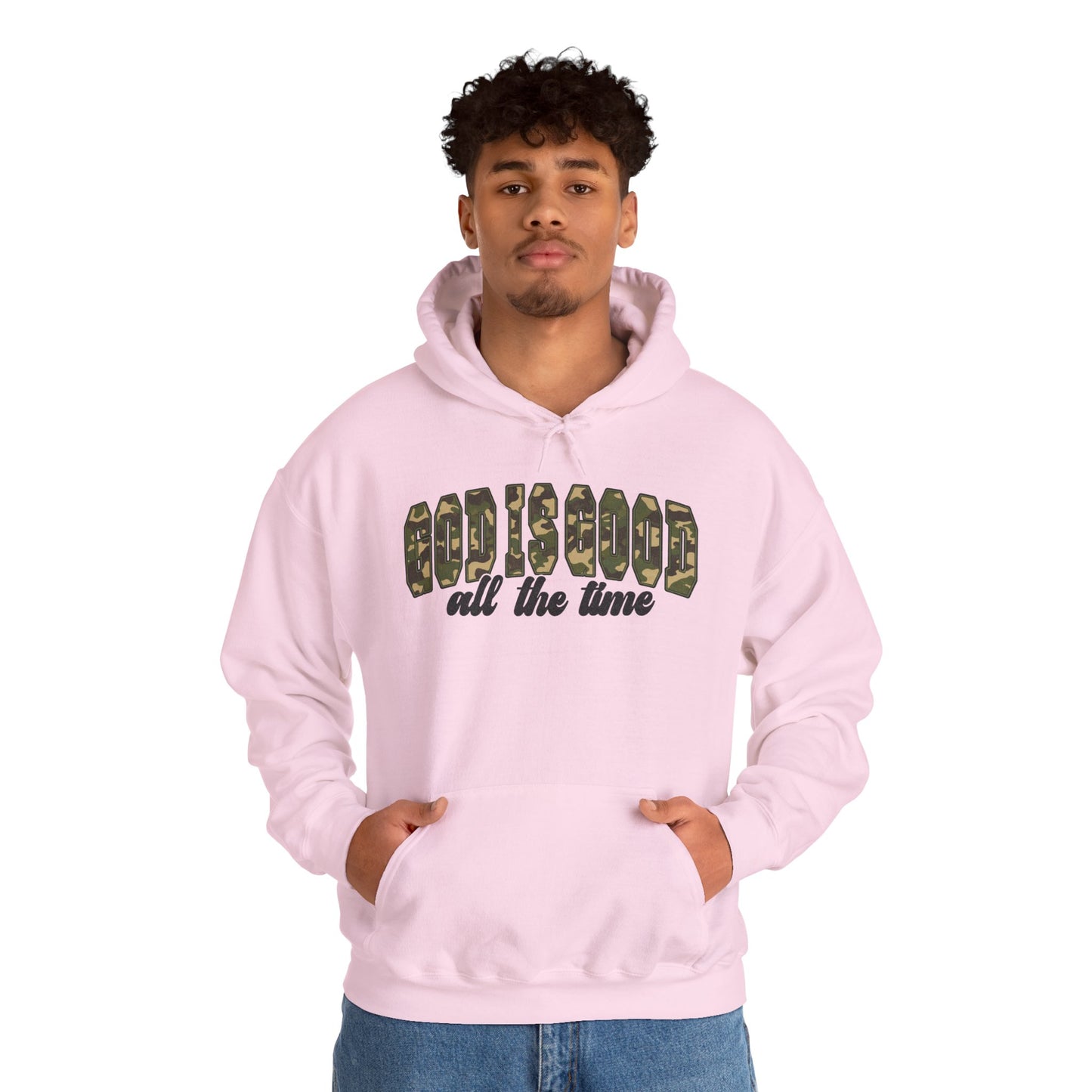 God is Good Faith Based Hooded Sweatshirt (Camo Lettering)