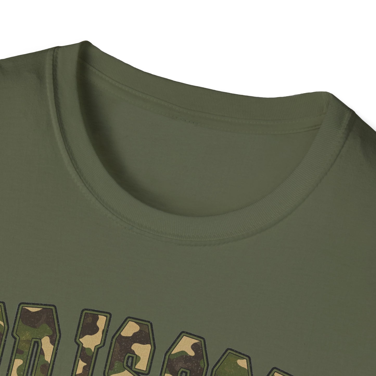 God is Good Faith Based Softstyle T-Shirt (Camo Lettering)