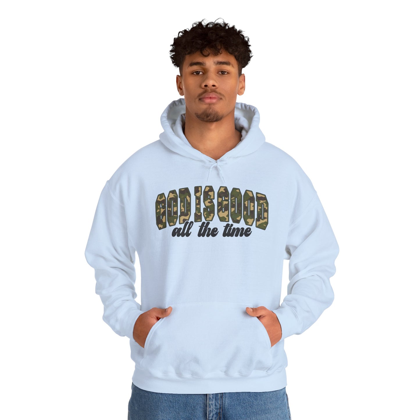 God is Good Faith Based Hooded Sweatshirt (Camo Lettering)