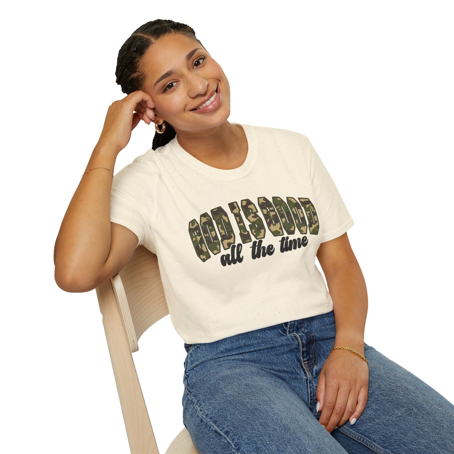 God is Good Faith Based Softstyle T-Shirt (Camo Lettering)