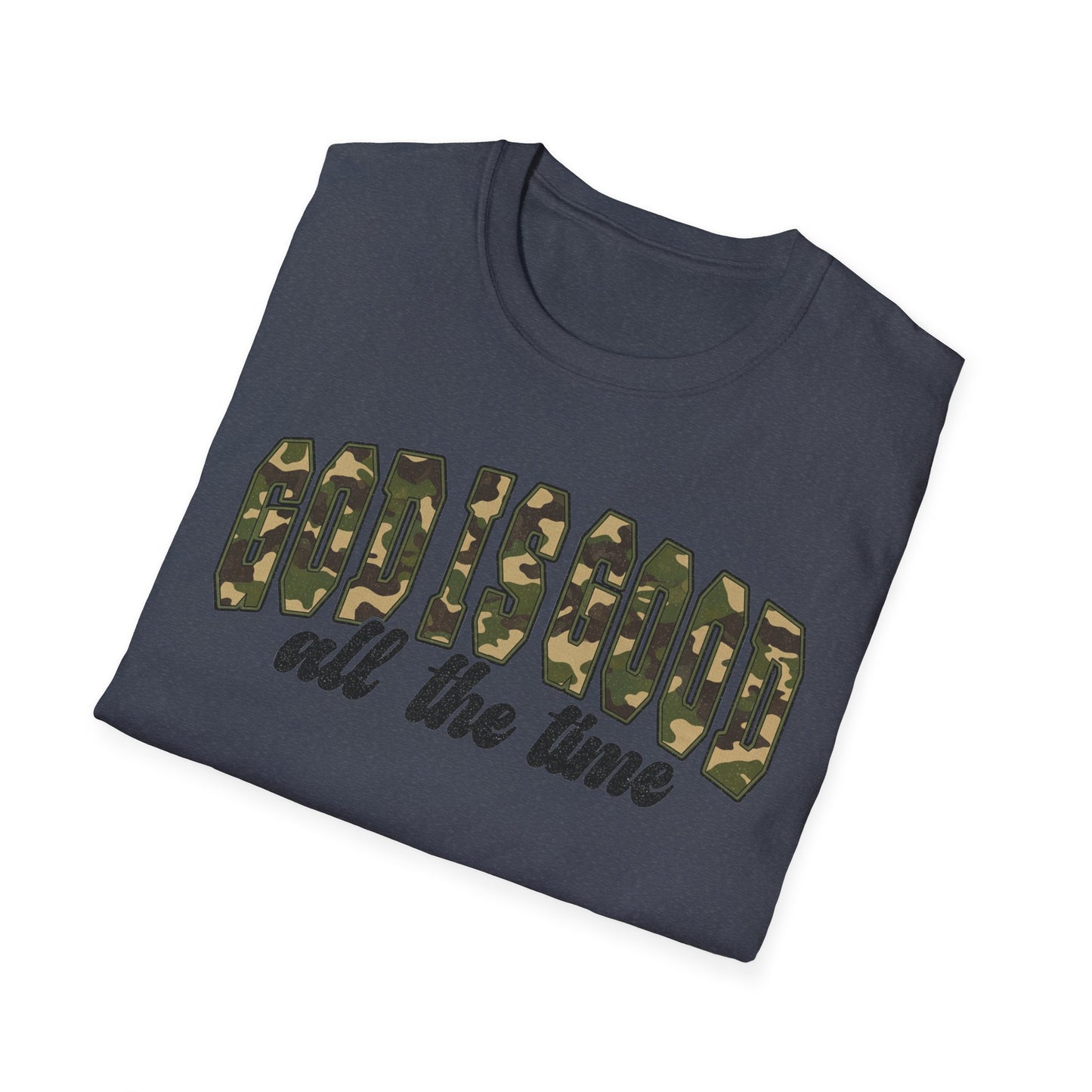 God is Good Faith Based Softstyle T-Shirt (Camo Lettering)