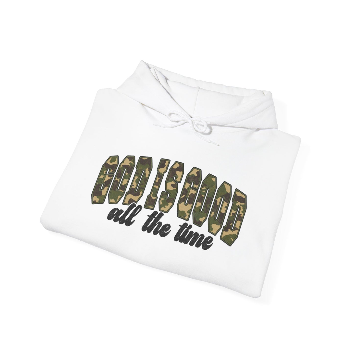 God is Good Faith Based Hooded Sweatshirt (Camo Lettering)