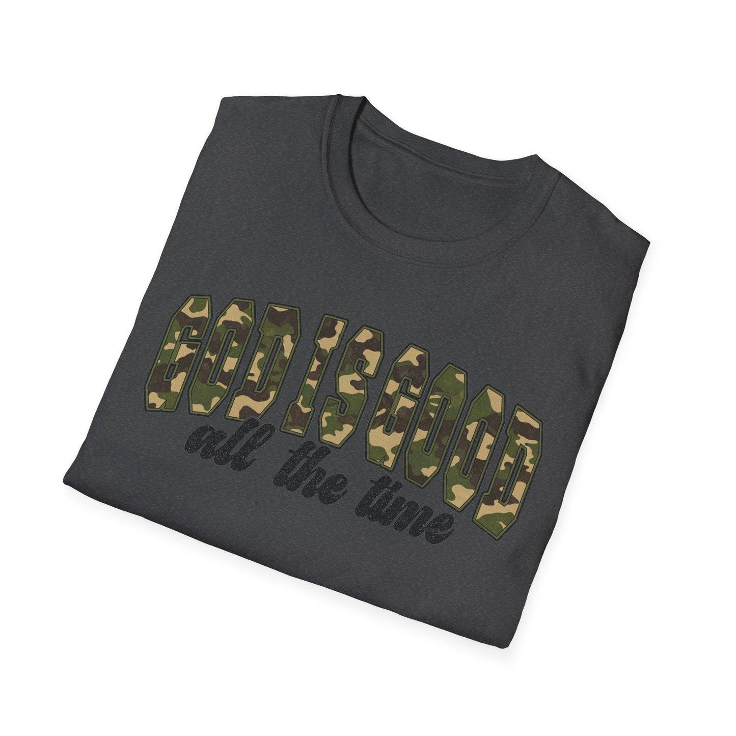 God is Good Faith Based Softstyle T-Shirt (Camo Lettering)