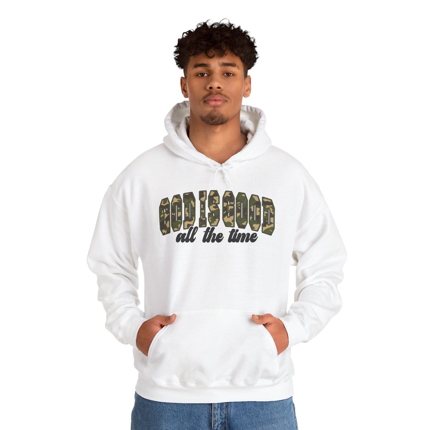 God is Good Faith Based Hooded Sweatshirt (Camo Lettering)