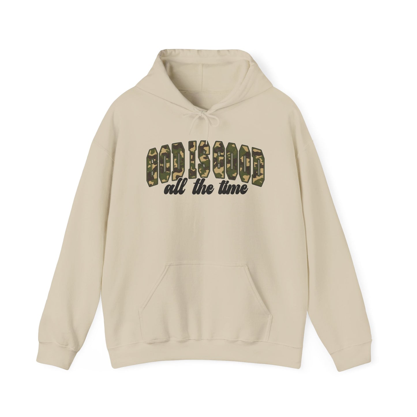 God is Good Faith Based Hooded Sweatshirt (Camo Lettering)