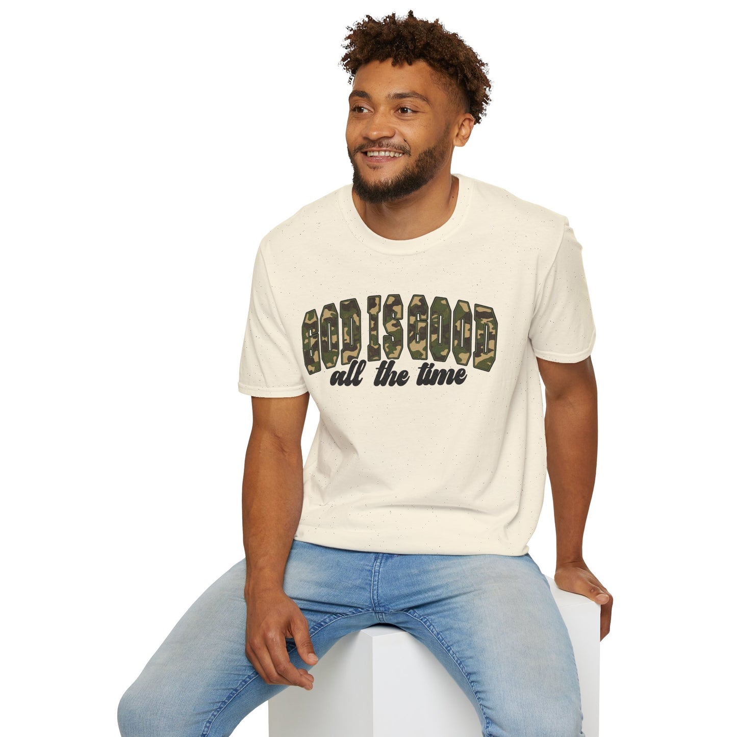 God is Good Faith Based Softstyle T-Shirt (Camo Lettering)