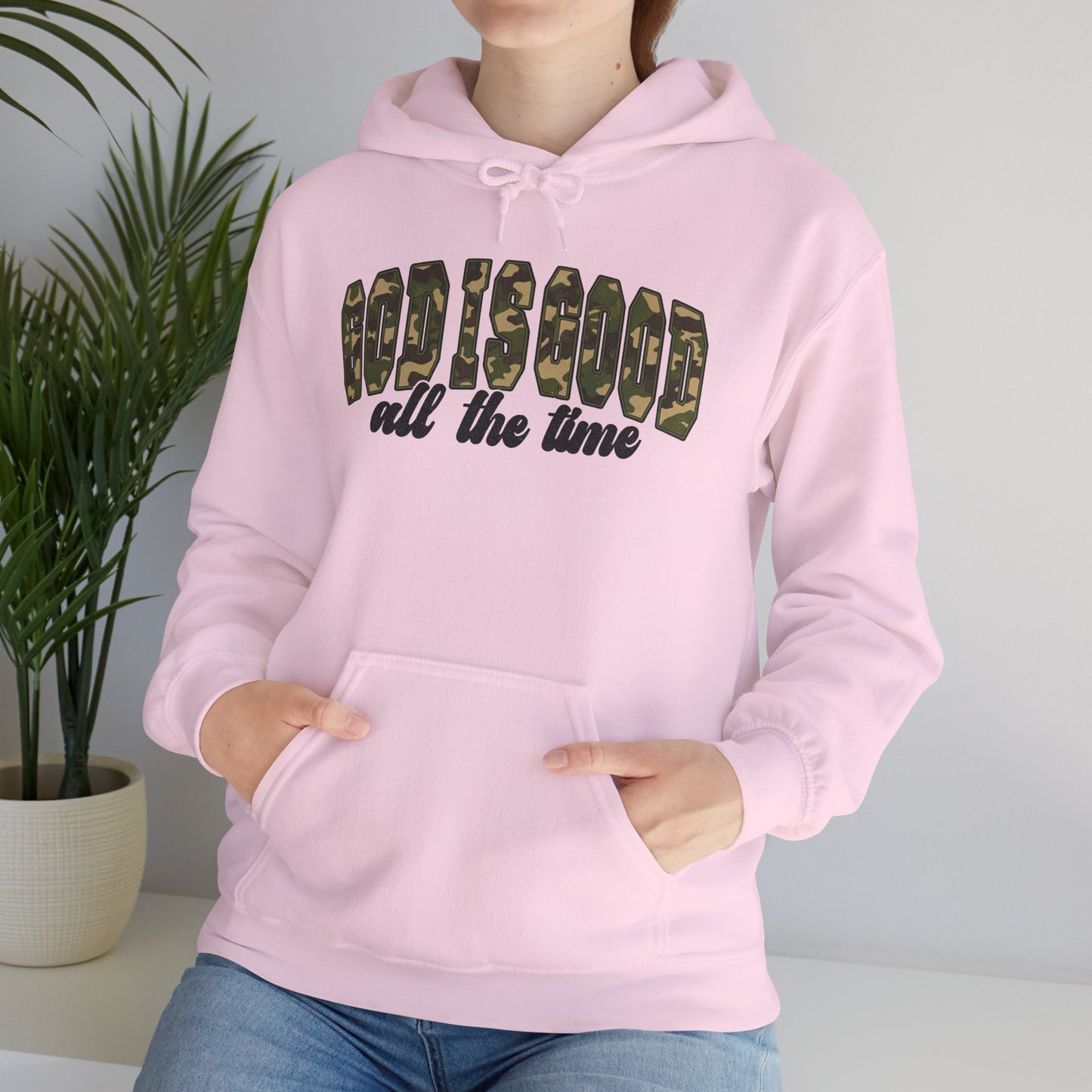 God is Good Faith Based Hooded Sweatshirt (Camo Lettering)