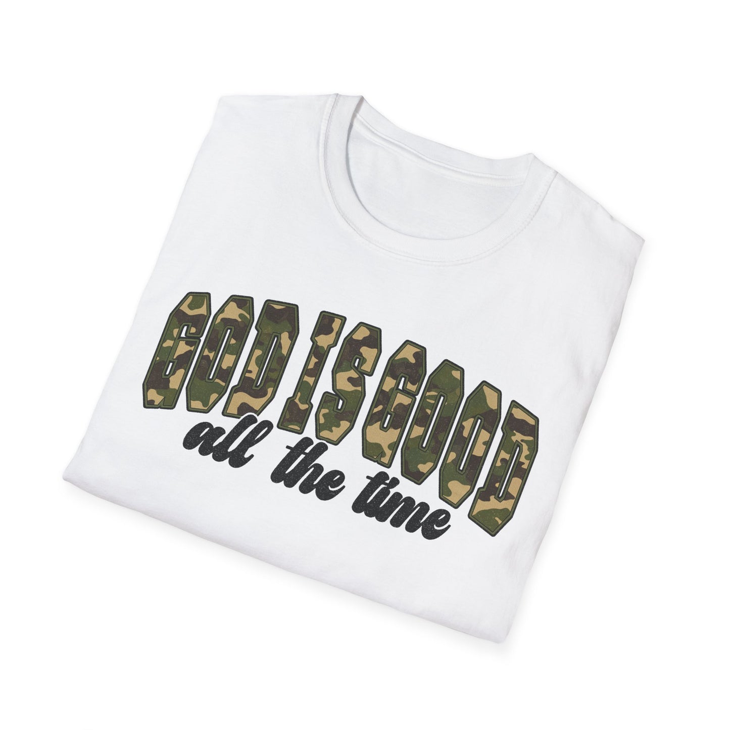 God is Good Faith Based Softstyle T-Shirt (Camo Lettering)