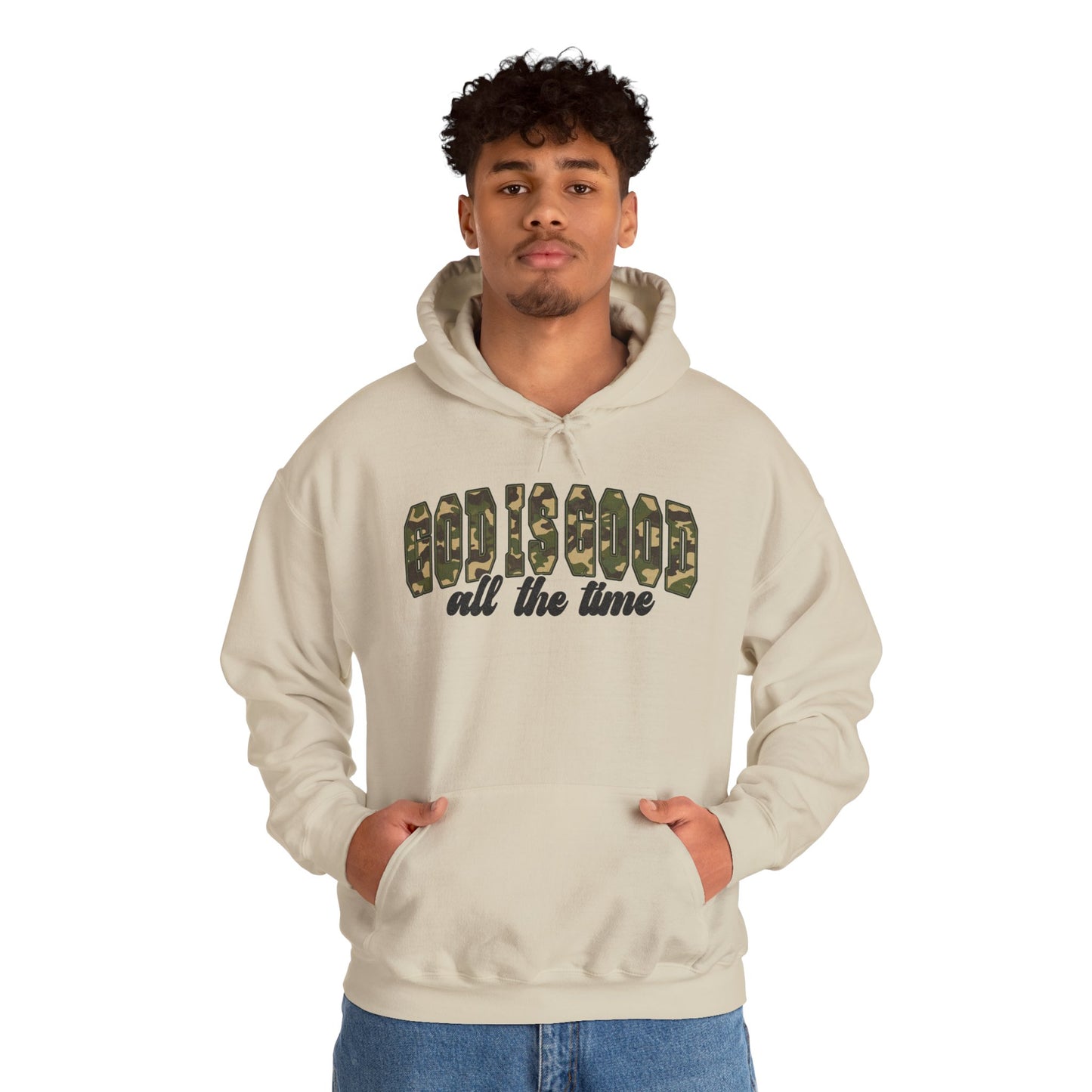 God is Good Faith Based Hooded Sweatshirt (Camo Lettering)