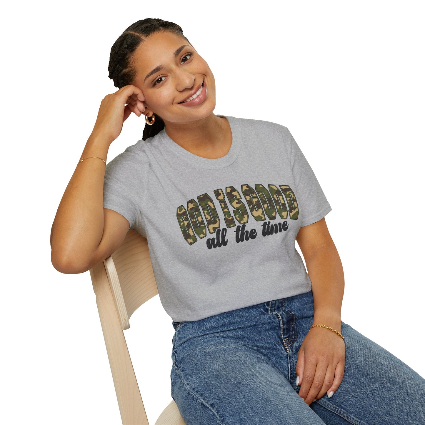 God is Good Faith Based Softstyle T-Shirt (Camo Lettering)