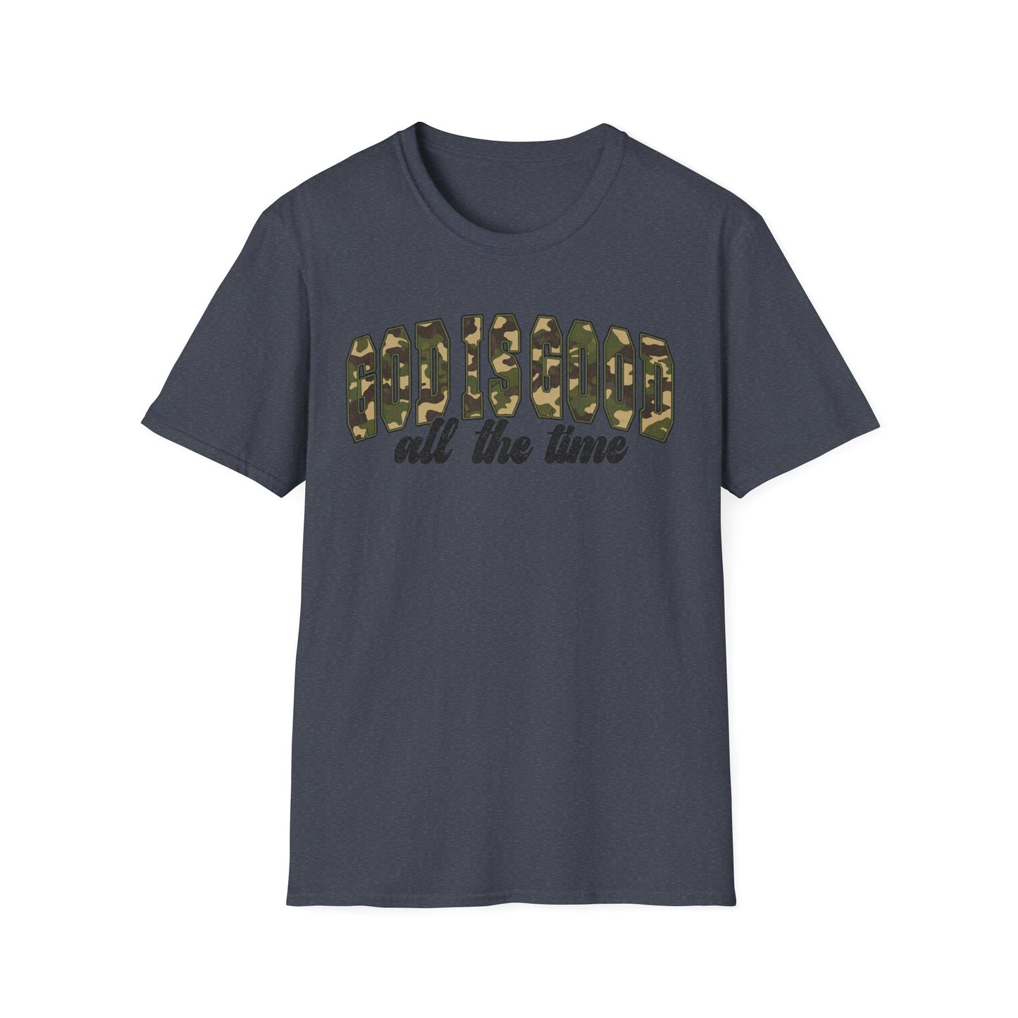 God is Good Faith Based Softstyle T-Shirt (Camo Lettering)