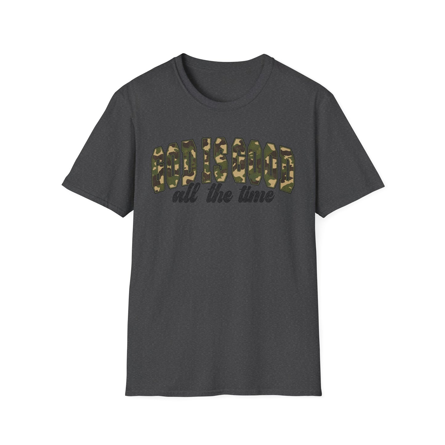 God is Good Faith Based Softstyle T-Shirt (Camo Lettering)