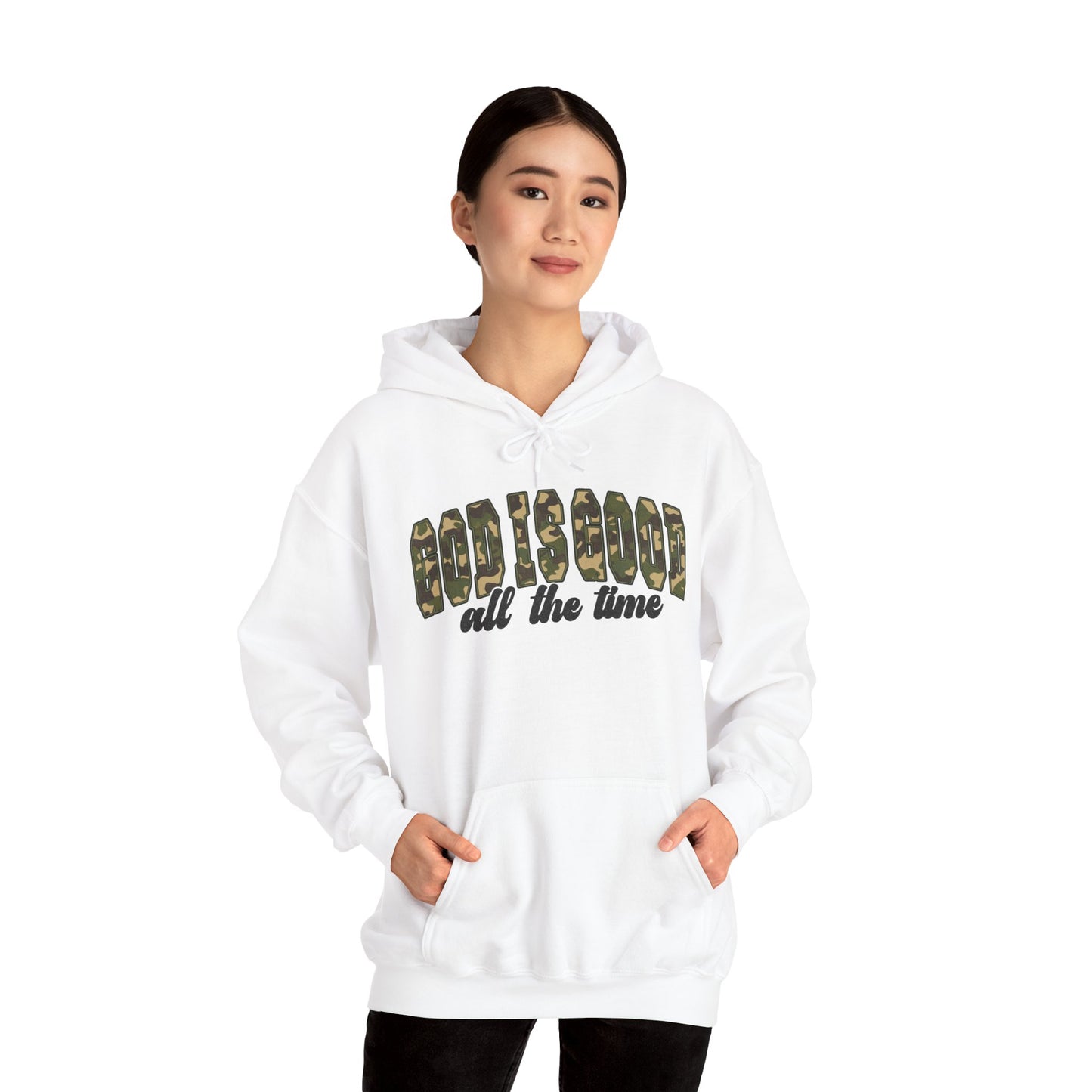 God is Good Faith Based Hooded Sweatshirt (Camo Lettering)