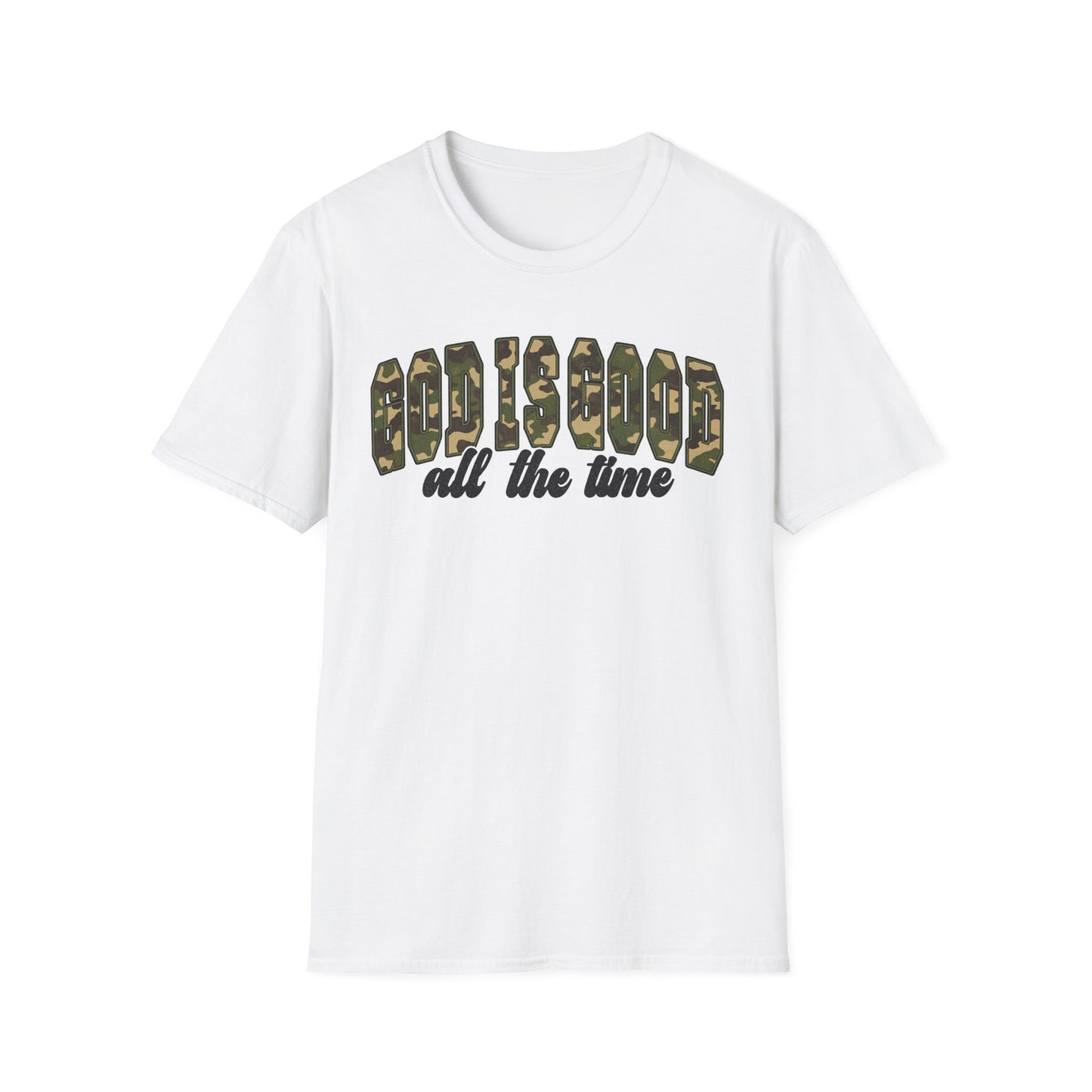 God is Good Faith Based Softstyle T-Shirt (Camo Lettering)