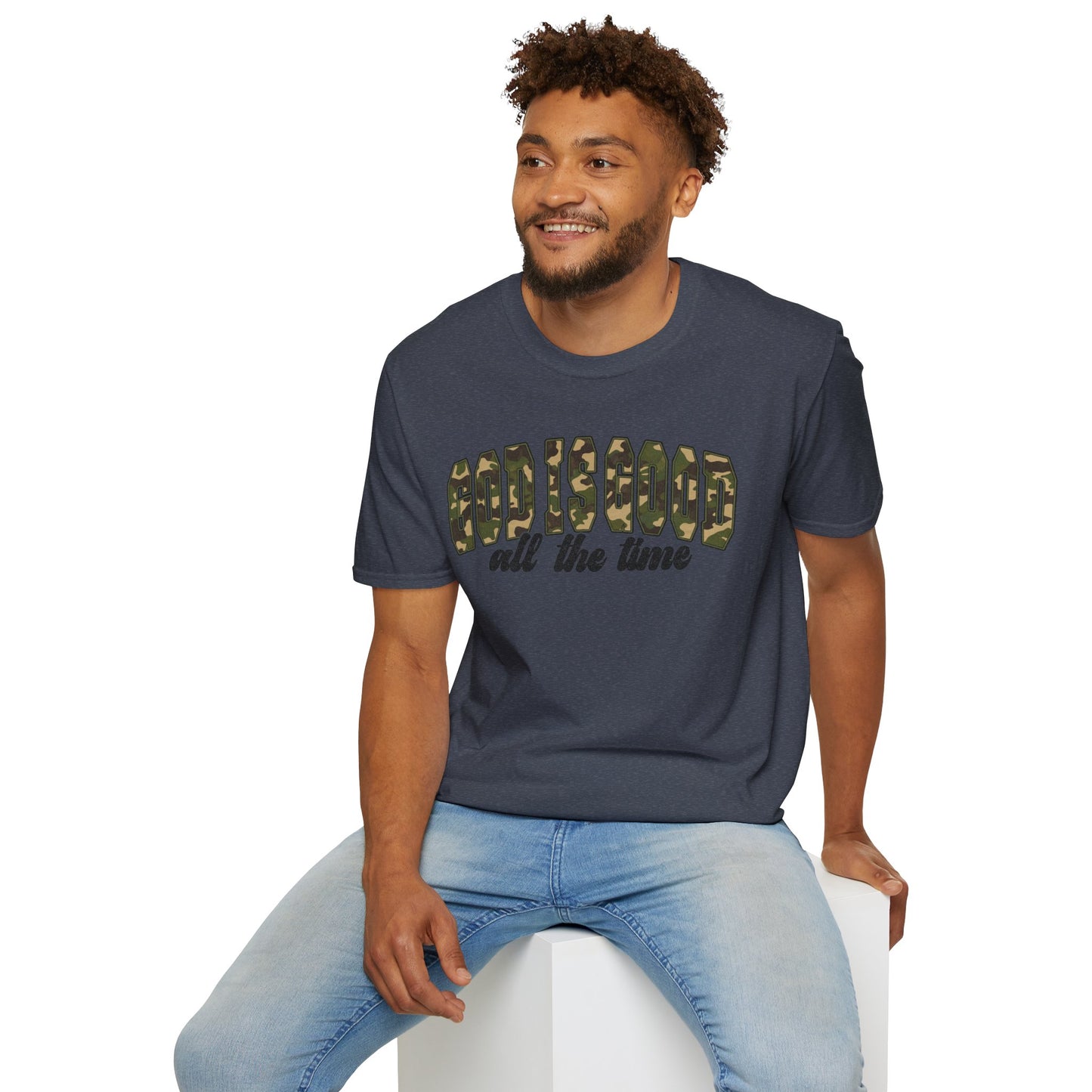 God is Good Faith Based Softstyle T-Shirt (Camo Lettering)