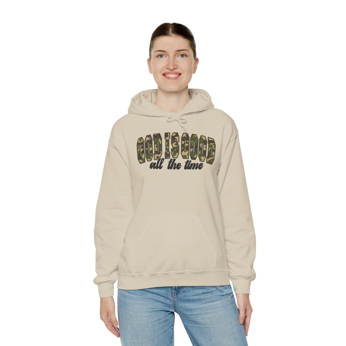 God is Good Faith Based Hooded Sweatshirt (Camo Lettering)