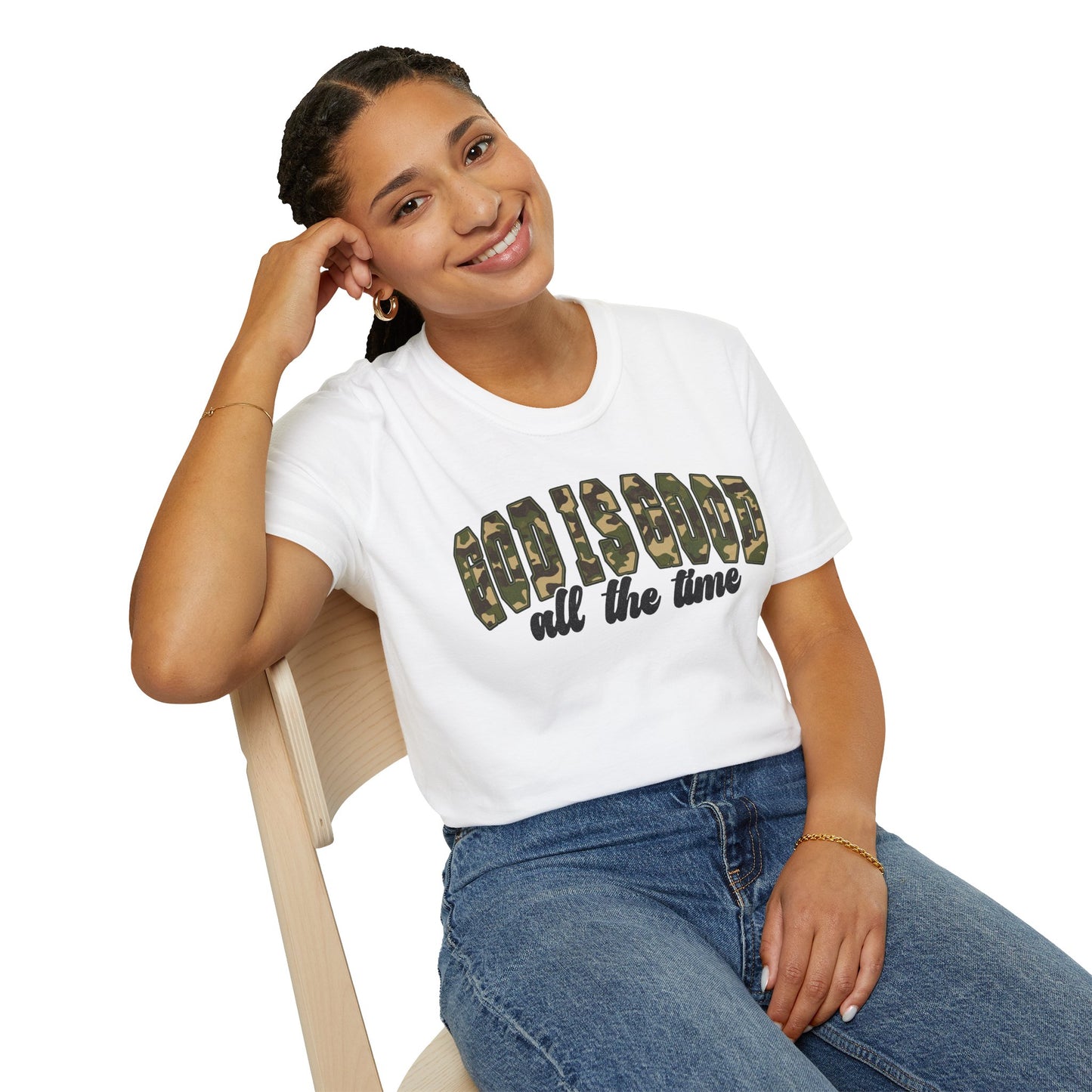 God is Good Faith Based Softstyle T-Shirt (Camo Lettering)