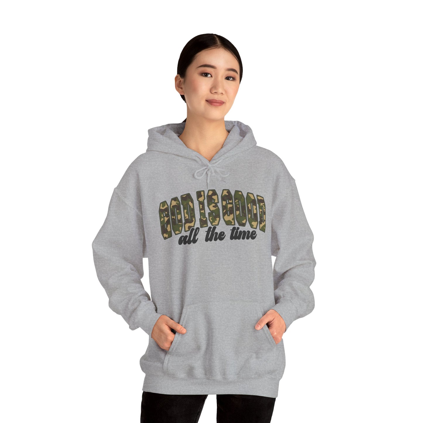 God is Good Faith Based Hooded Sweatshirt (Camo Lettering)