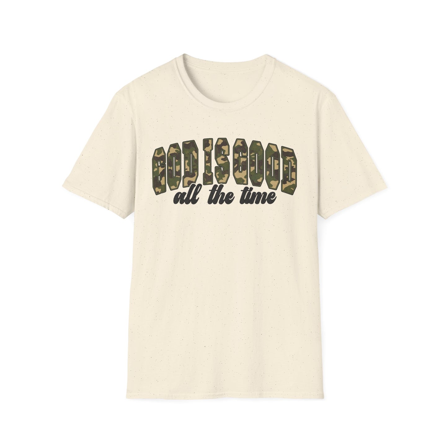 God is Good Faith Based Softstyle T-Shirt (Camo Lettering)