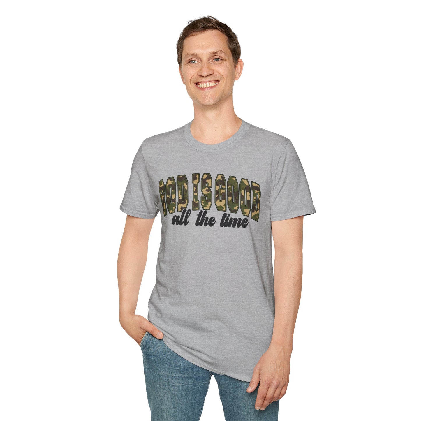 God is Good Faith Based Softstyle T-Shirt (Camo Lettering)