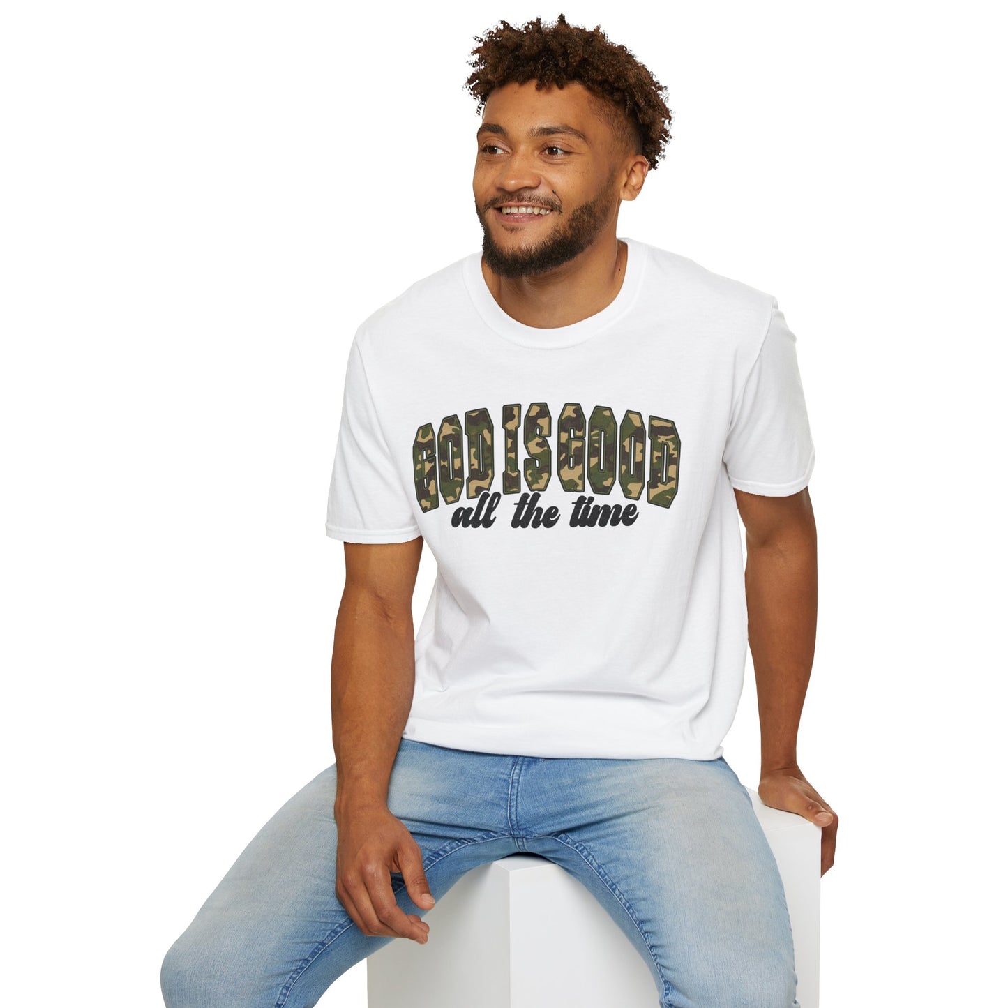 God is Good Faith Based Softstyle T-Shirt (Camo Lettering)