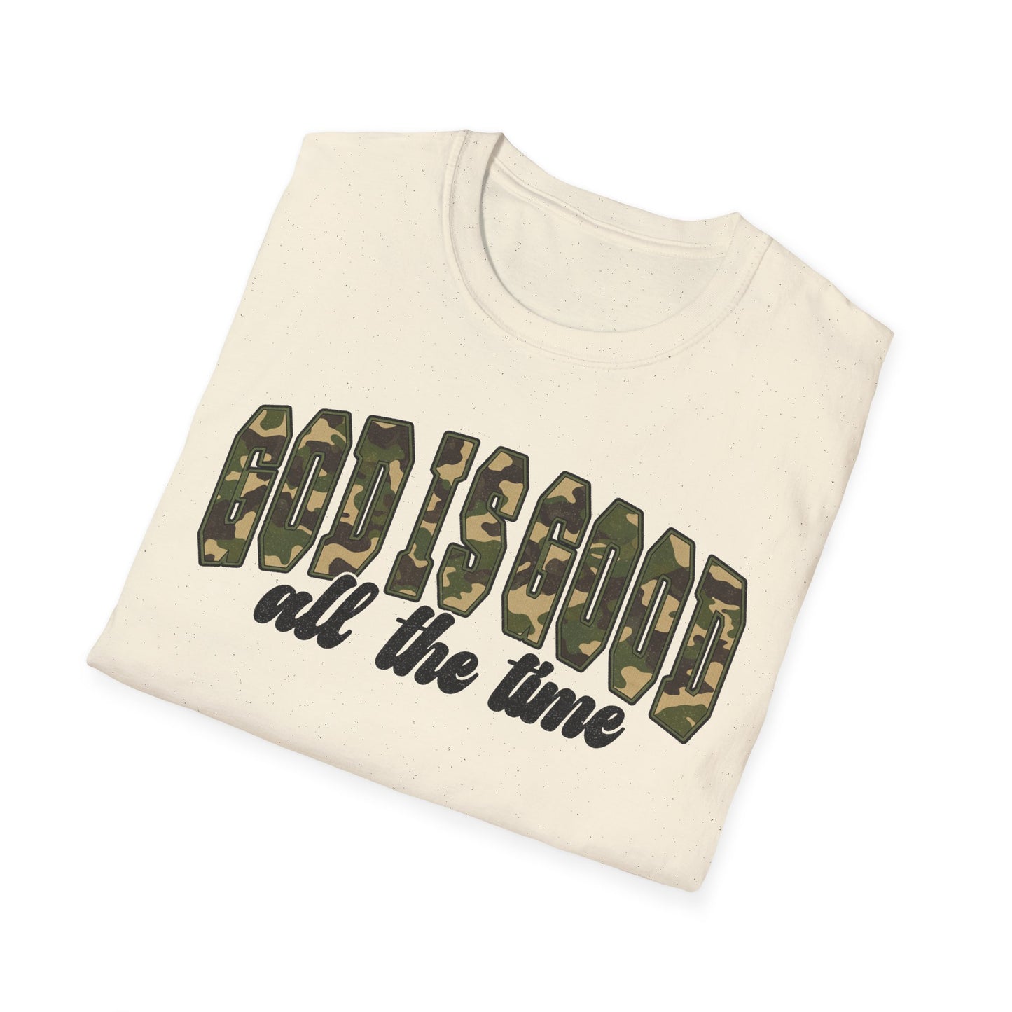 God is Good Faith Based Softstyle T-Shirt (Camo Lettering)