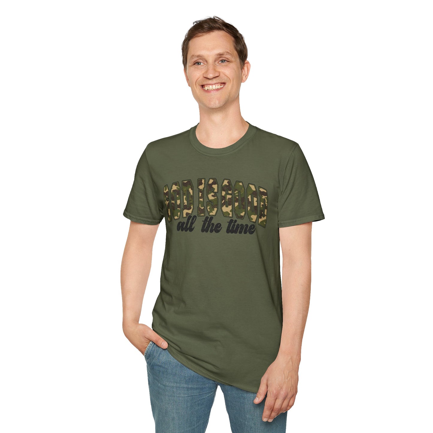 God is Good Faith Based Softstyle T-Shirt (Camo Lettering)