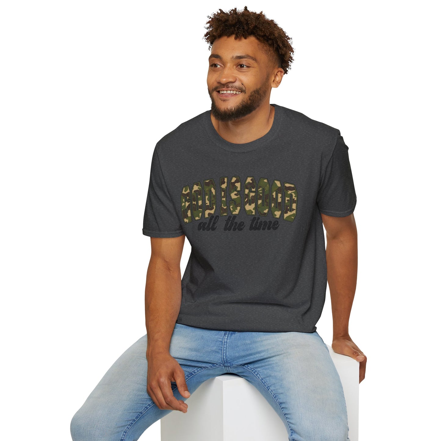 God is Good Faith Based Softstyle T-Shirt (Camo Lettering)