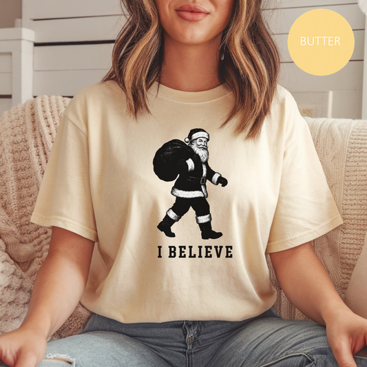 Christmas T-shirt, "I Believe" Santa T-Shirt, Christmas Santa Claus Wardrobe Essential