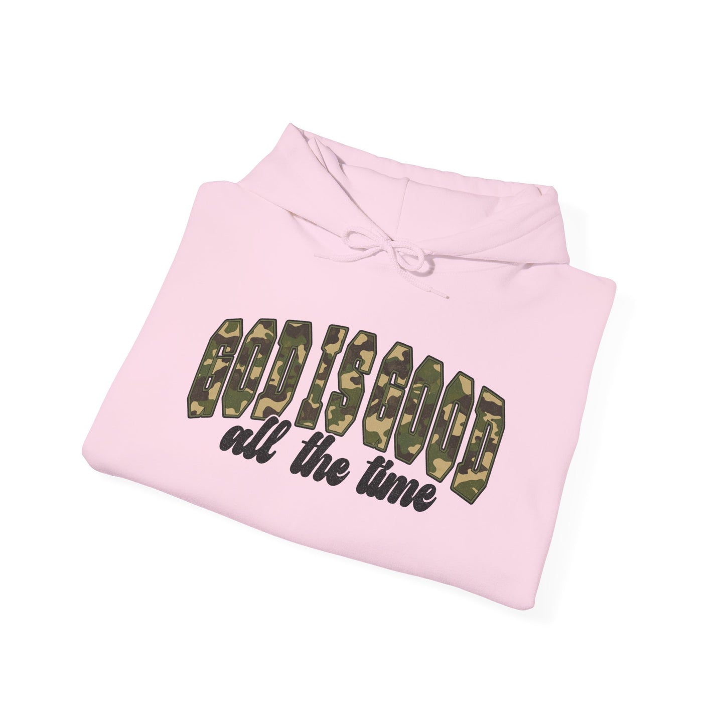 God is Good Faith Based Hooded Sweatshirt (Camo Lettering)