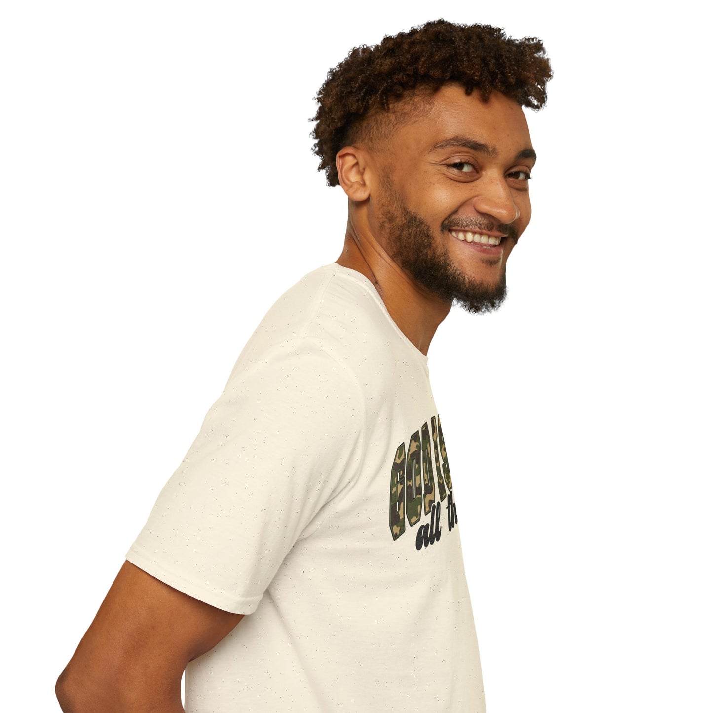 God is Good Faith Based Softstyle T-Shirt (Camo Lettering)