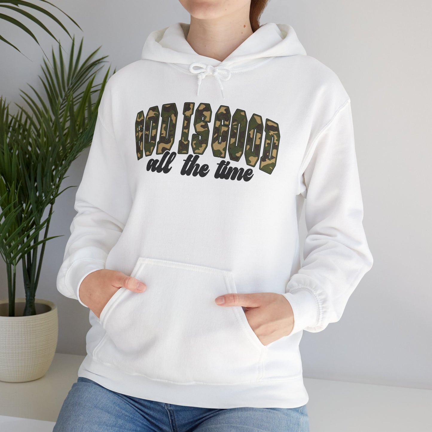 God is Good Faith Based Hooded Sweatshirt (Camo Lettering)