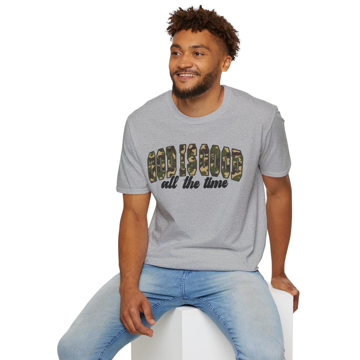 God is Good Faith Based Softstyle T-Shirt (Camo Lettering)