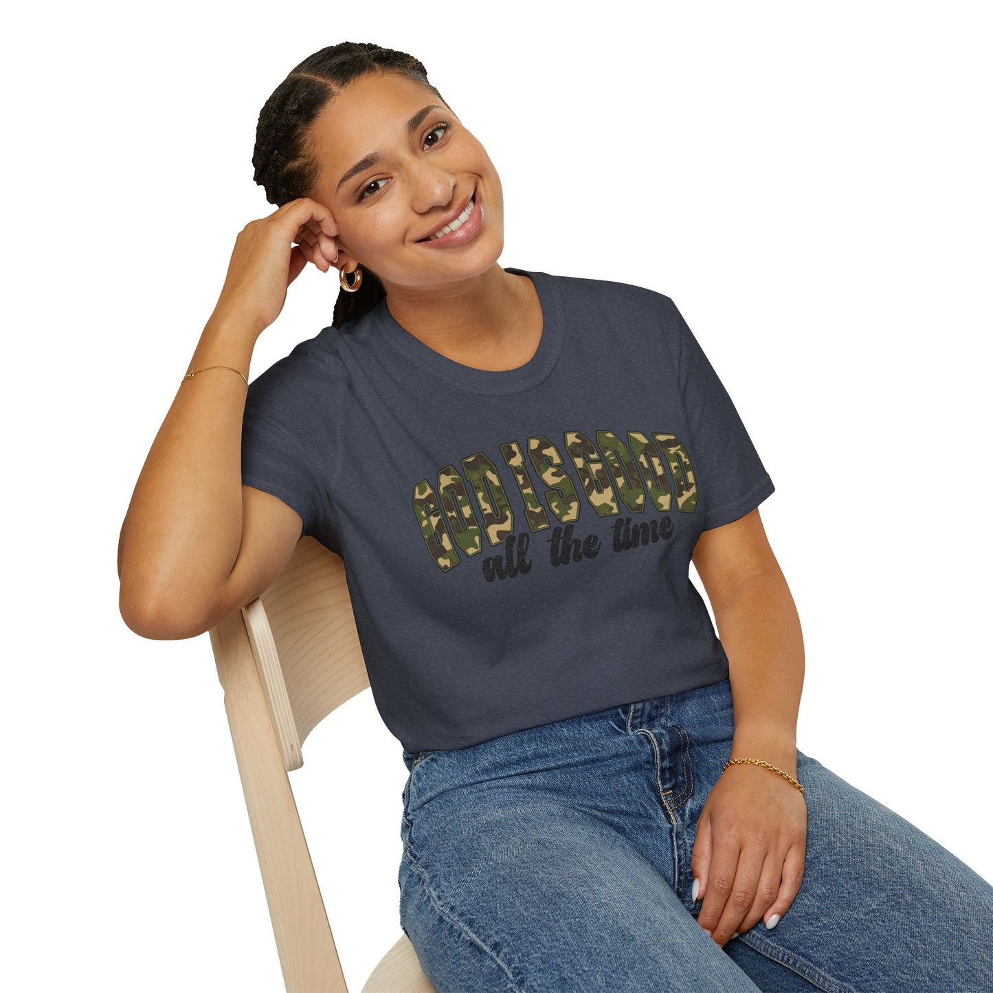 God is Good Faith Based Softstyle T-Shirt (Camo Lettering)