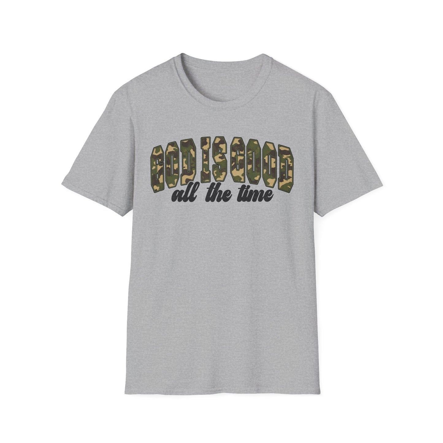 God is Good Faith Based Softstyle T-Shirt (Camo Lettering)