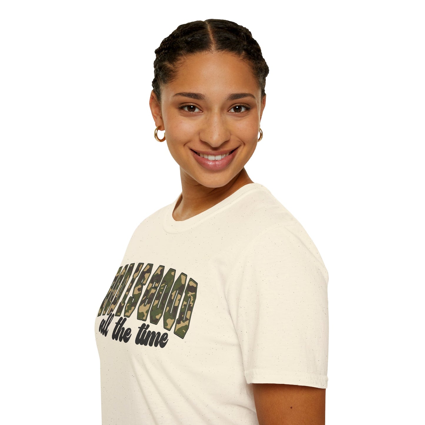 God is Good Faith Based Softstyle T-Shirt (Camo Lettering)