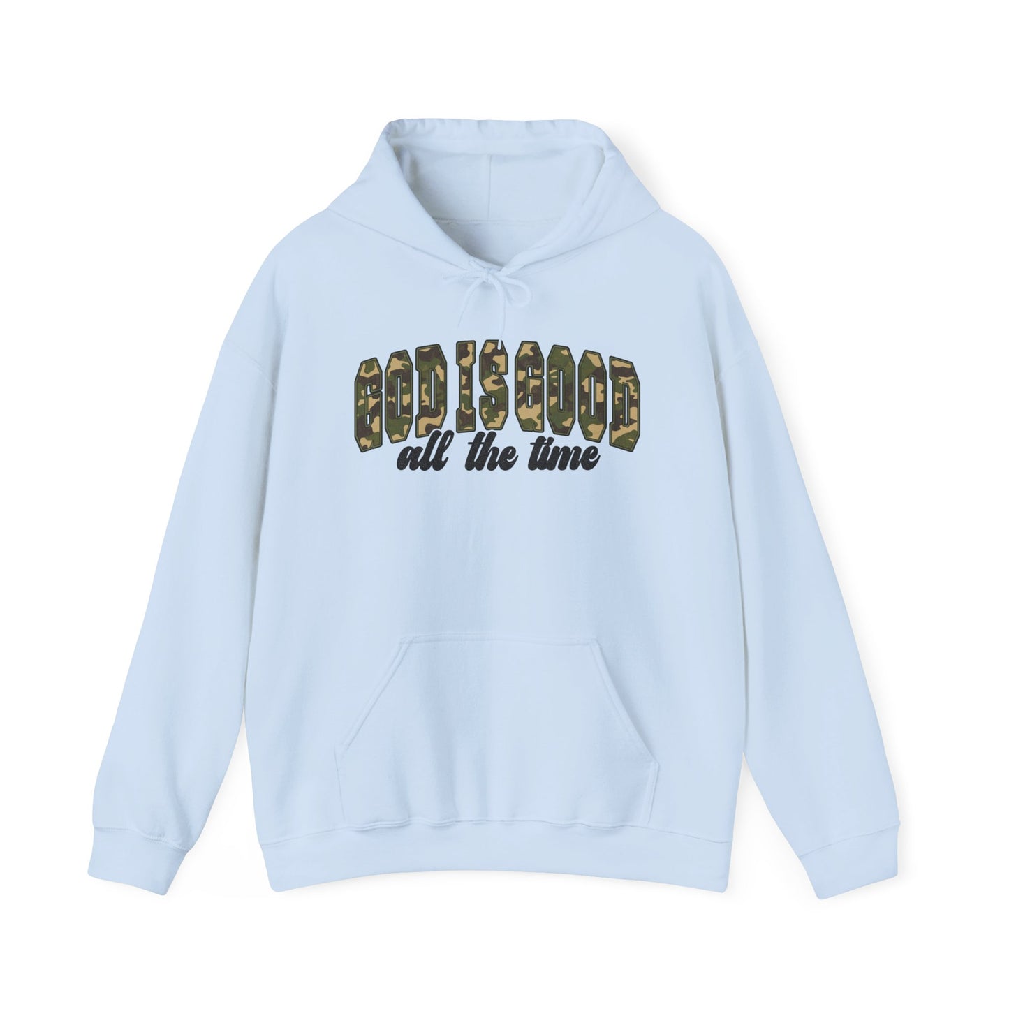 God is Good Faith Based Hooded Sweatshirt (Camo Lettering)