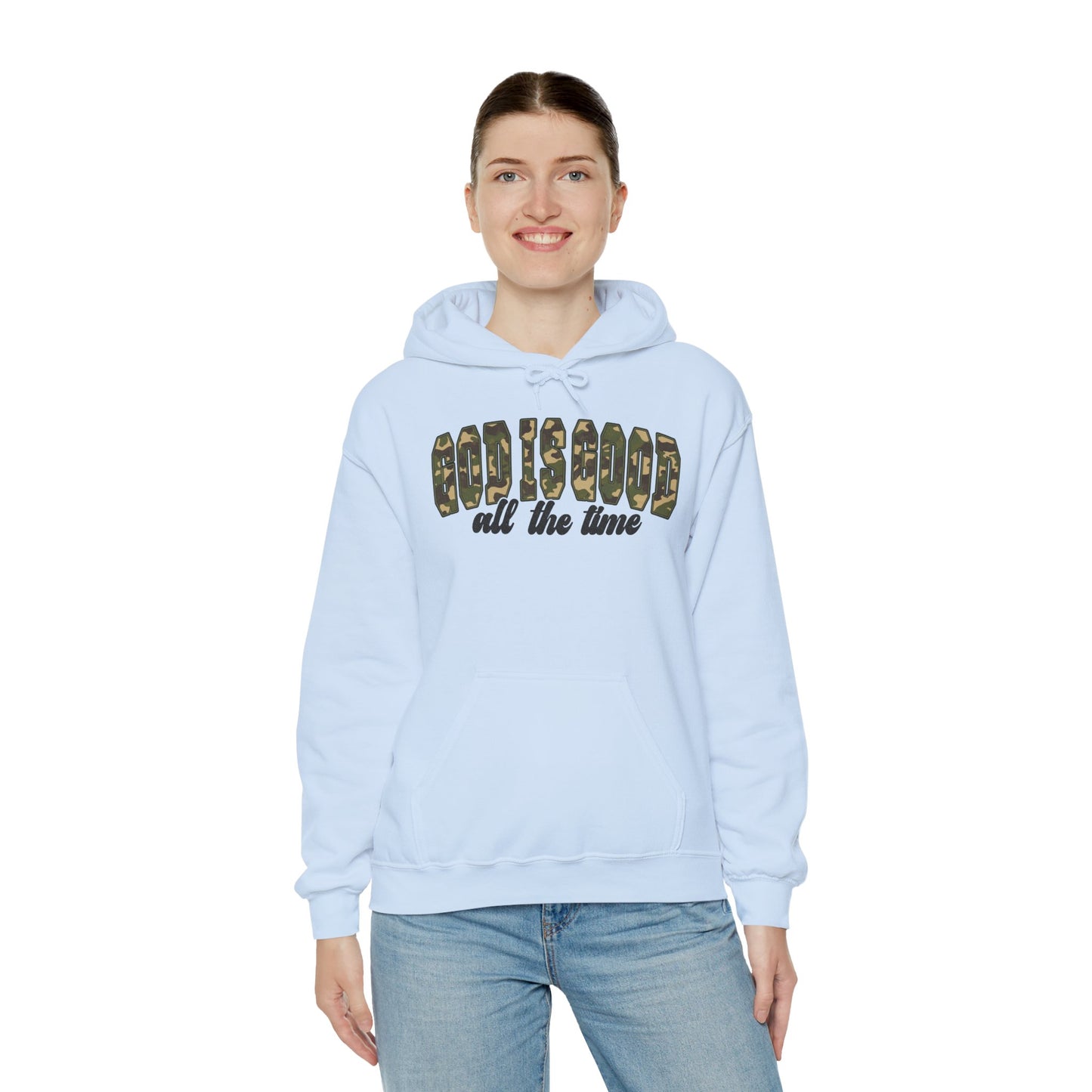 God is Good Faith Based Hooded Sweatshirt (Camo Lettering)