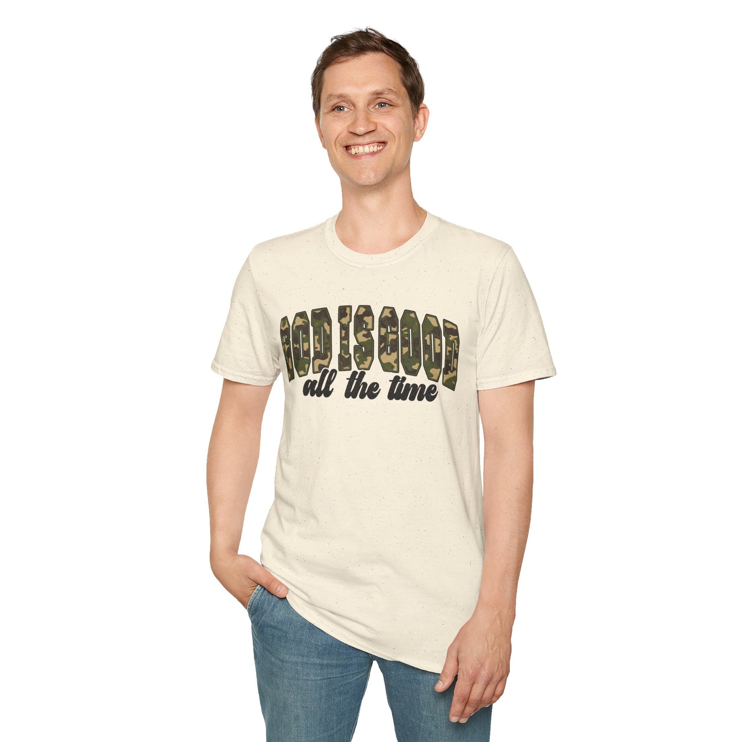God is Good Faith Based Softstyle T-Shirt (Camo Lettering)