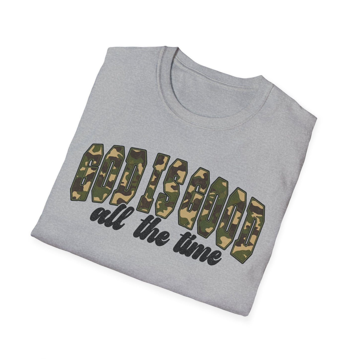 God is Good Faith Based Softstyle T-Shirt (Camo Lettering)