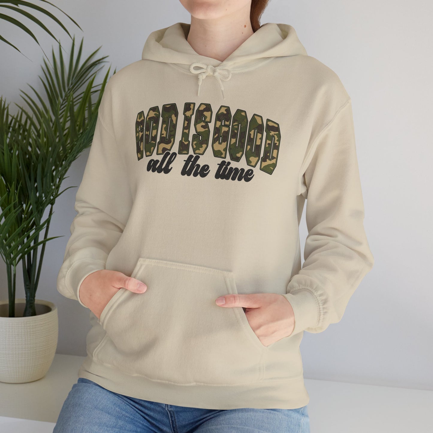 God is Good Faith Based Hooded Sweatshirt (Camo Lettering)