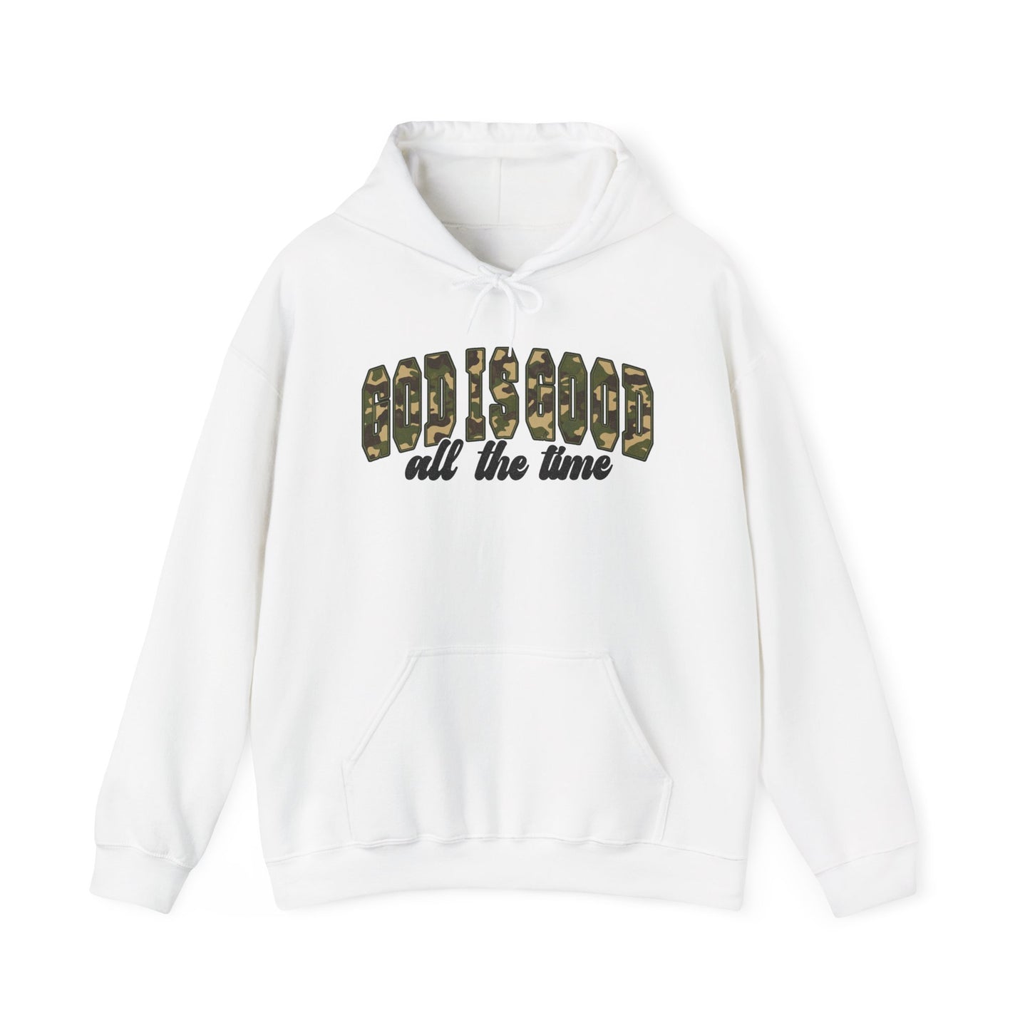 God is Good Faith Based Hooded Sweatshirt (Camo Lettering)