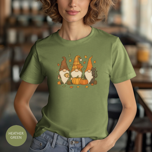 Autumn Gnome Trio T-Shirt | Fall Pumpkin Leaves Tee