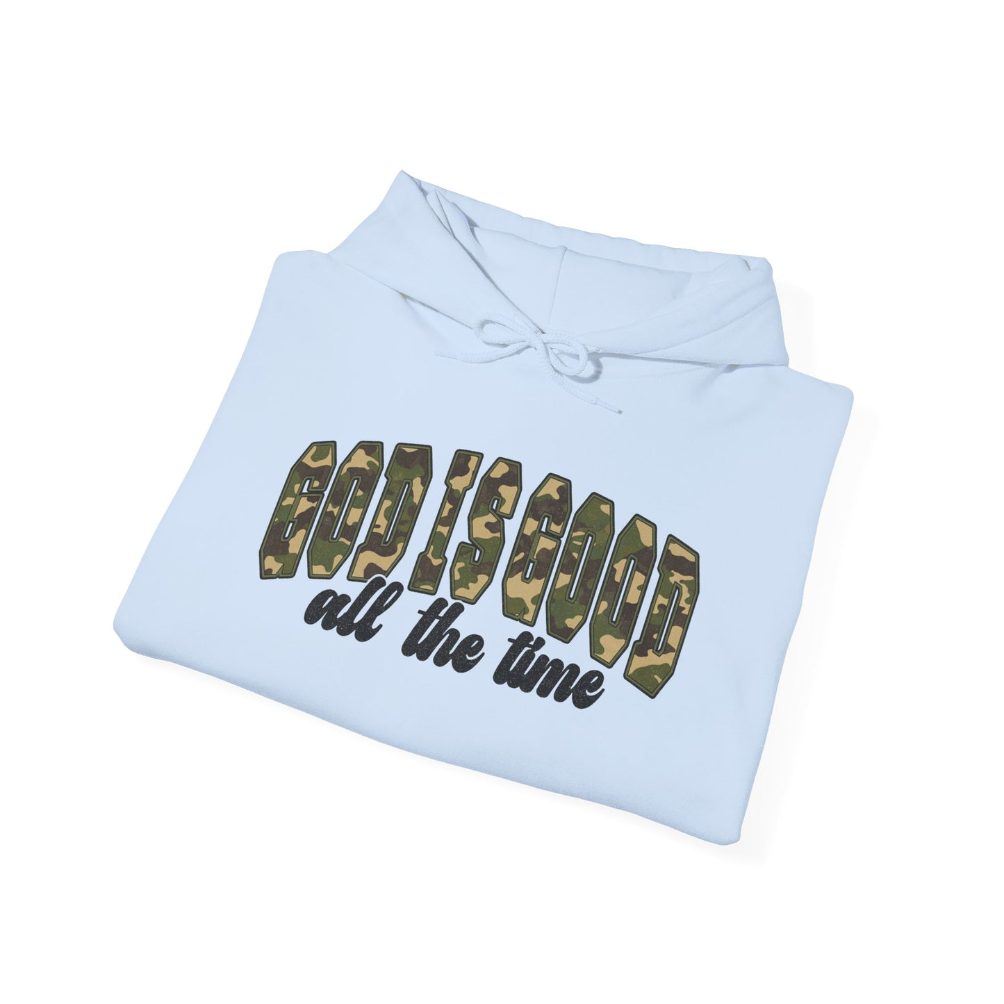 God is Good Faith Based Hooded Sweatshirt (Camo Lettering)