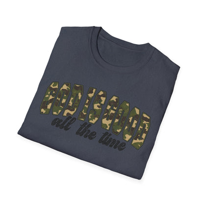 God is Good Faith Based Softstyle T-Shirt (Camo Lettering)
