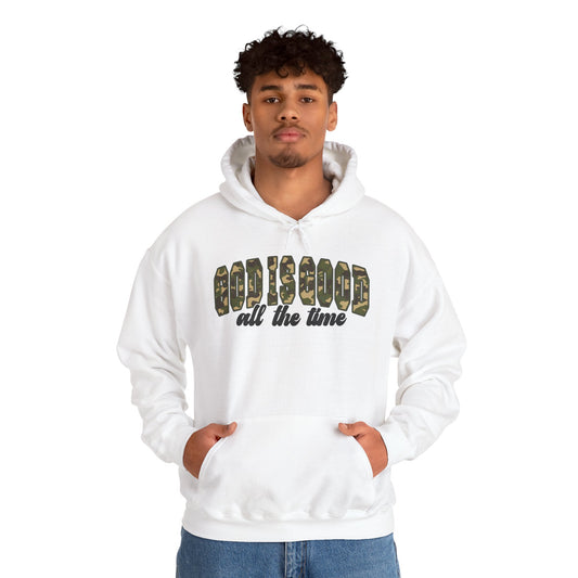 God is Good Faith Based Hooded Sweatshirt (Camo Lettering)