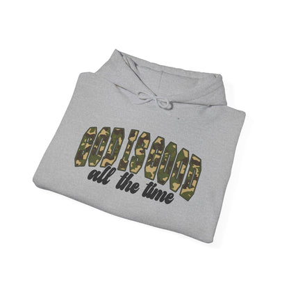 God is Good Faith Based Hooded Sweatshirt (Camo Lettering)