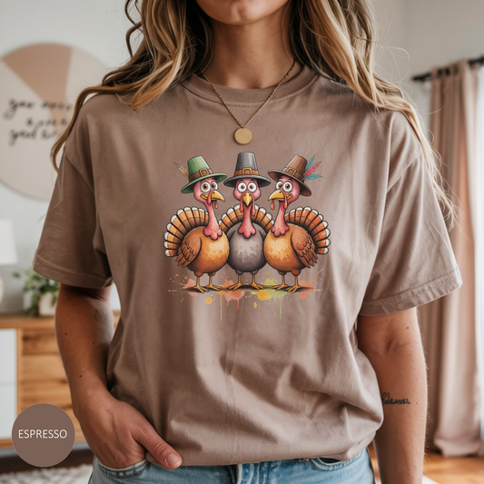 Funny Thanksgiving Turkey Trio T-shirt, Fall Celebration, Family Gatherings, Holiday Apparel, Thanksgiving Gift