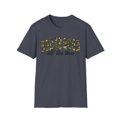 God is Good Faith Based Softstyle T-Shirt (Camo Lettering)